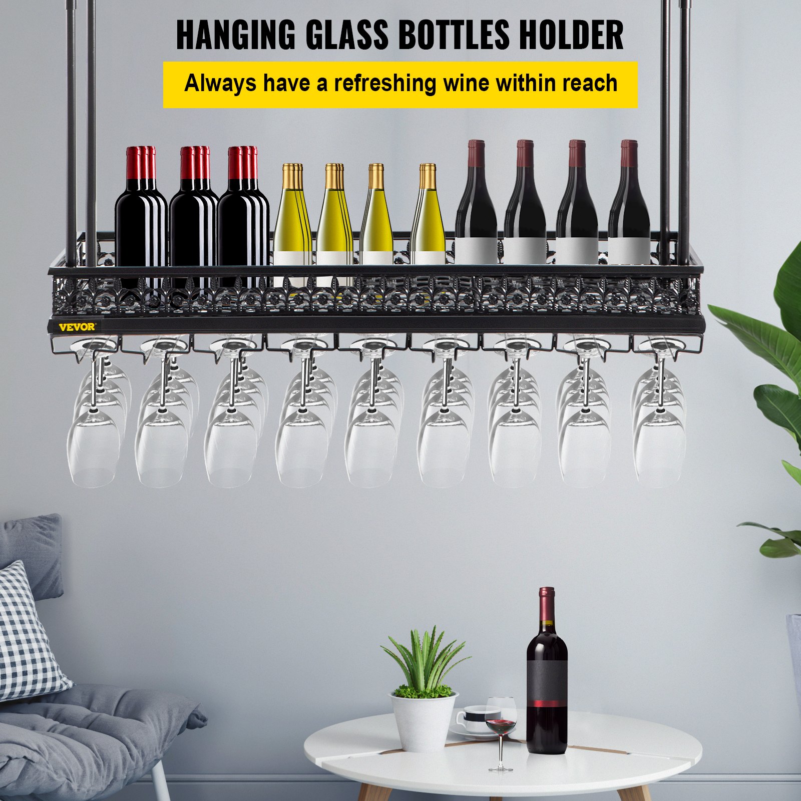 VEVOR CeilingMounted Bar Wine Rack Wine Glass Hanging Rack 35.8x13in
