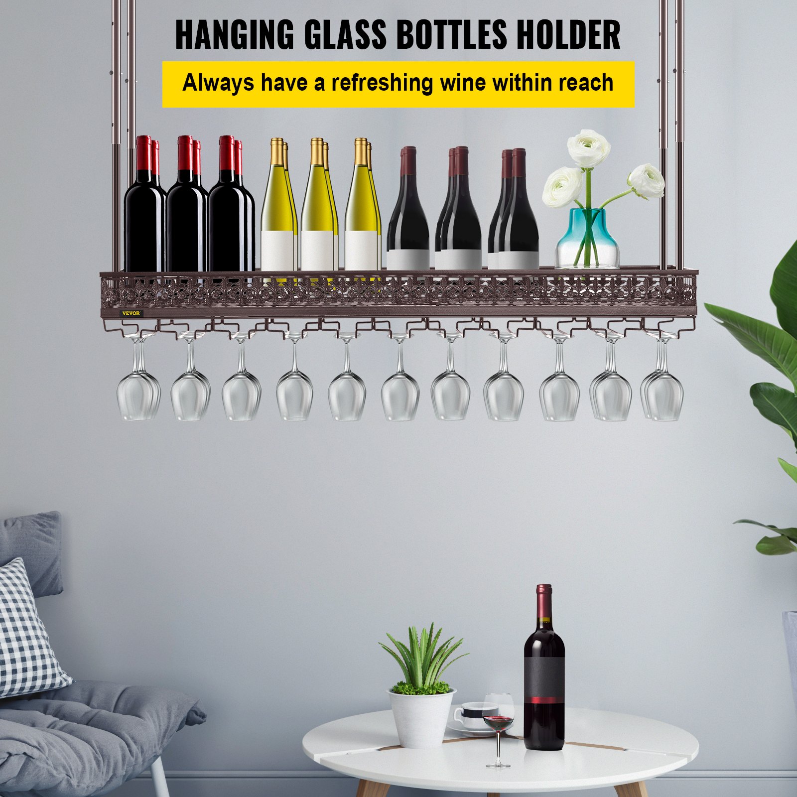 VEVOR CeilingMounted Bar Wine Rack Wine Glass Hanging Rack 46.9x13in