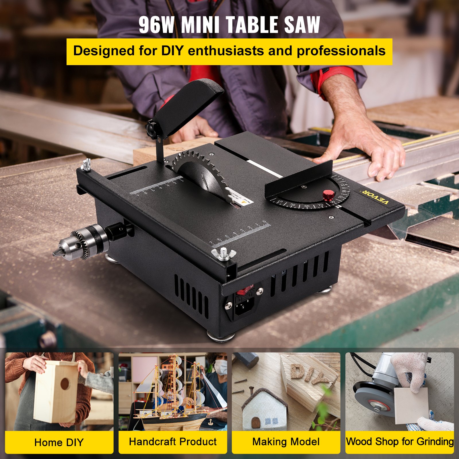 Vevor mini table saw 200w hobby table saw for woodworking 0 90 angle