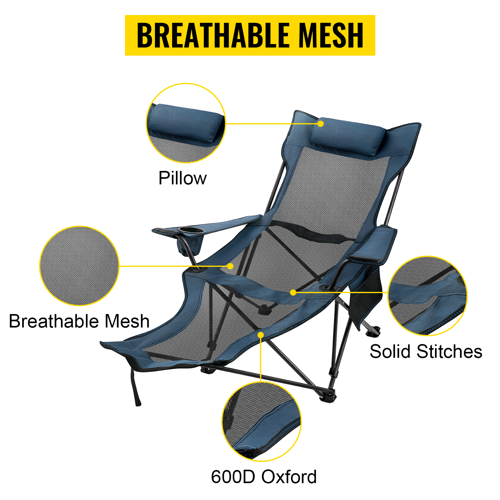 Blue Reclining Folding Camp Chair with Footrest Mesh Lounge Chaise