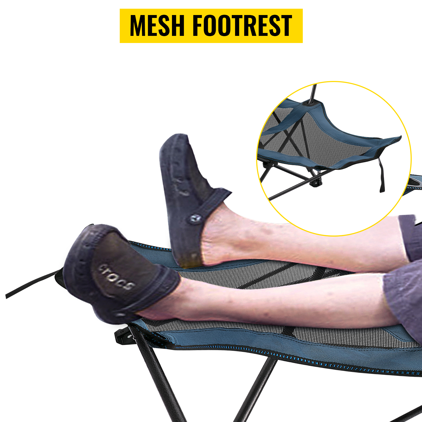 Blue Reclining Folding Camp Chair with Footrest Mesh Lounge Chaise