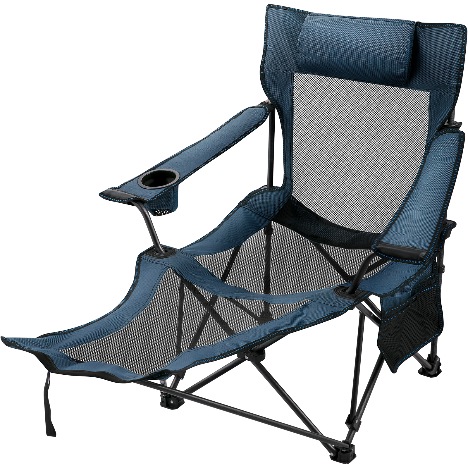 Blue Reclining Folding Camp Chair with Footrest Mesh Lounge Chaise