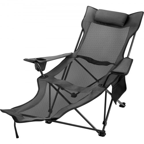 Gray Reclining Folding Camp Chair with Footrest Mesh Lounge Chaise VEVOR US