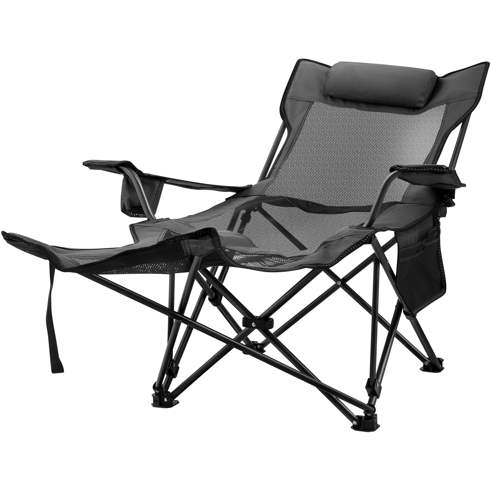 Gray Reclining Folding Camp Chair with Footrest Mesh Lounge Chaise VEVOR US