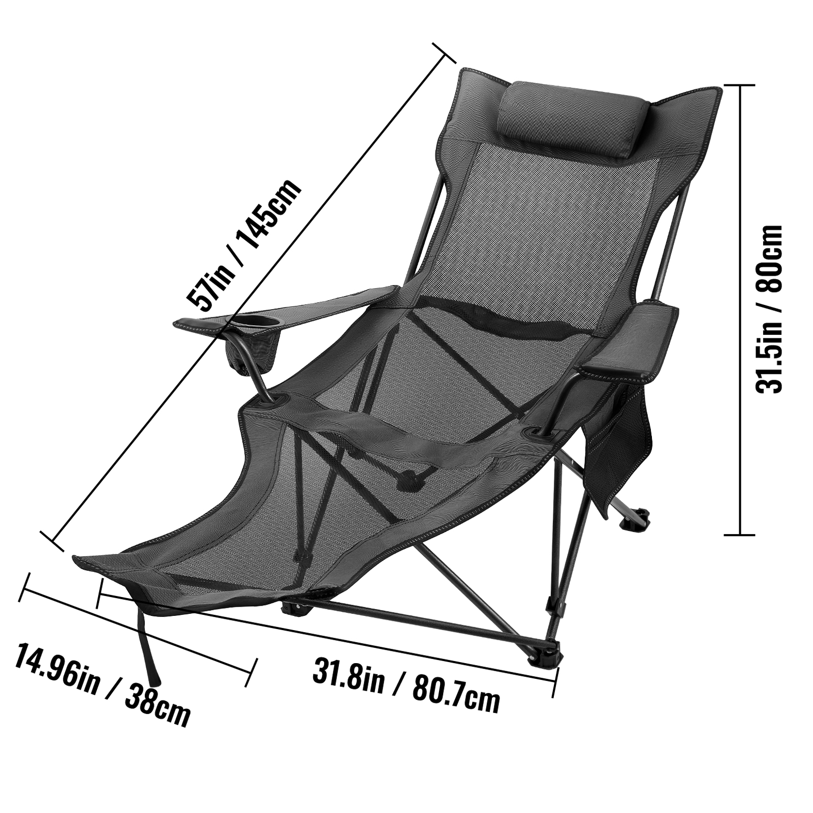 Gray Reclining Folding Camp Chair with Footrest Mesh Lounge Chaise