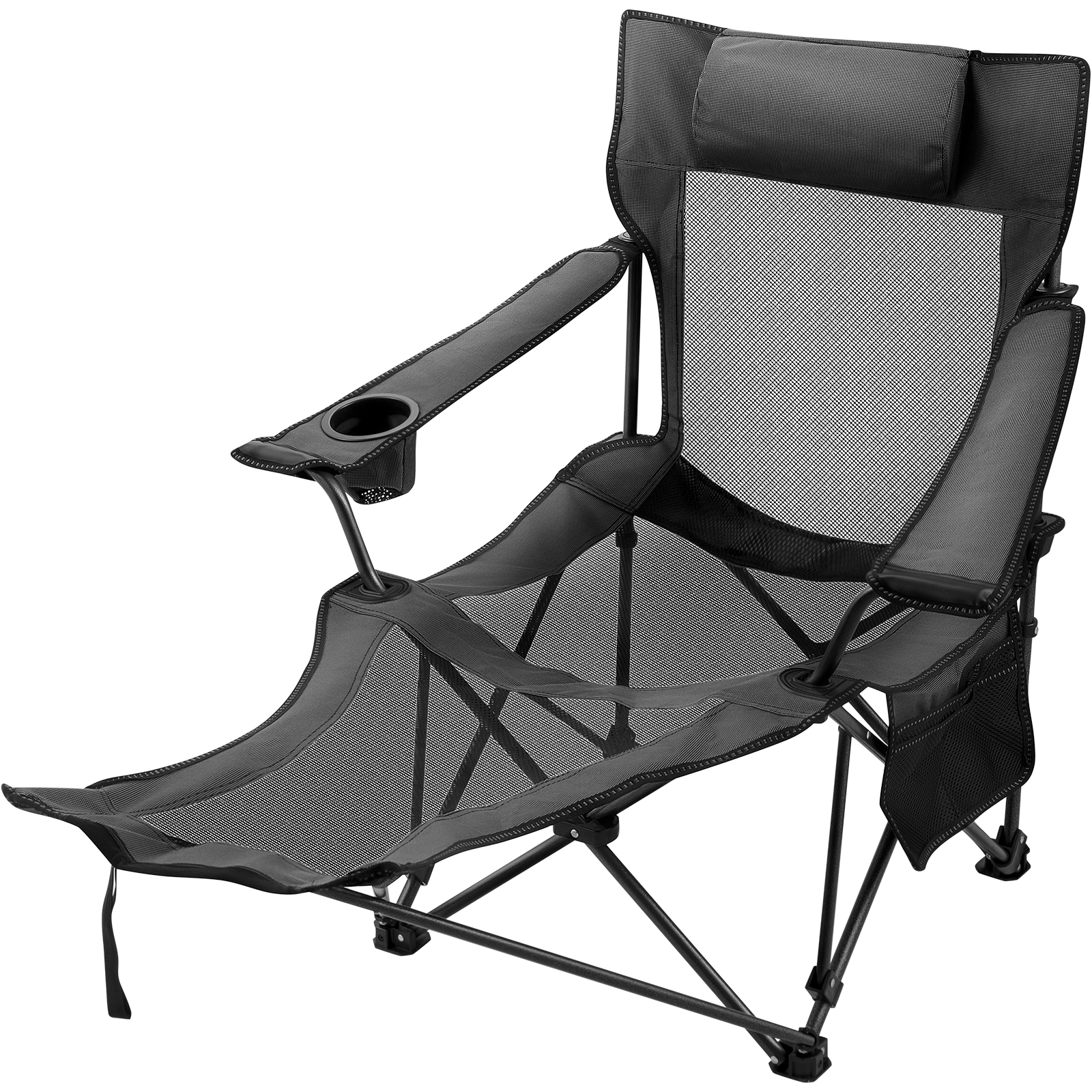 Gray Reclining Folding Camp Chair with Footrest Mesh Lounge Chaise
