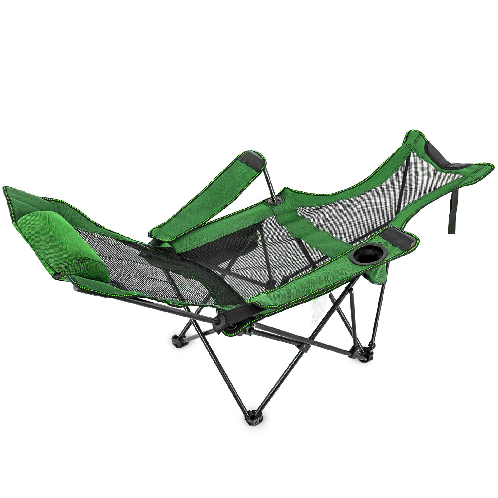 Green Reclining Folding Camp Chair with Footrest Mesh Lounge Chaise