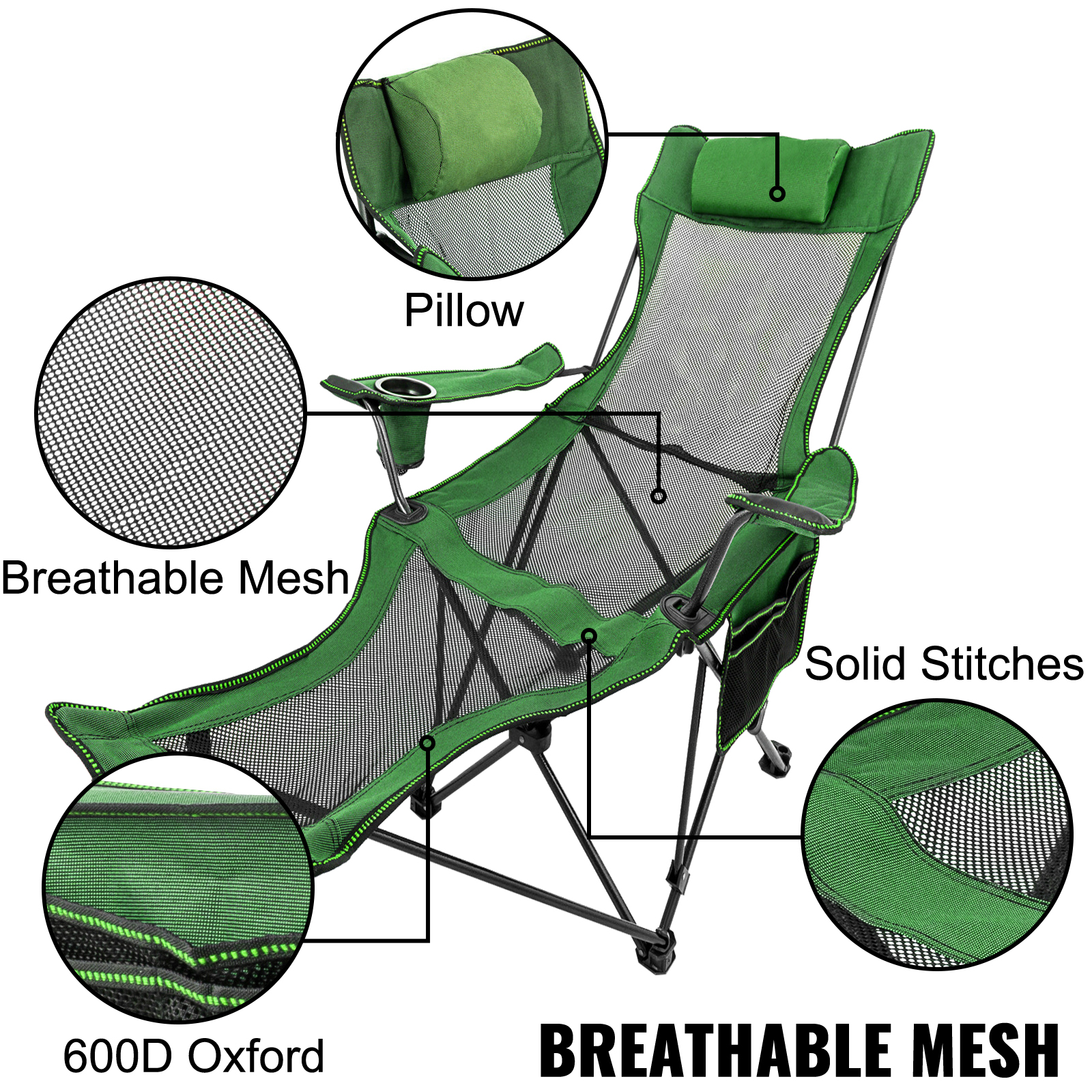 Green Reclining Folding Camp Chair with Footrest Mesh Lounge Chaise VEVOR US