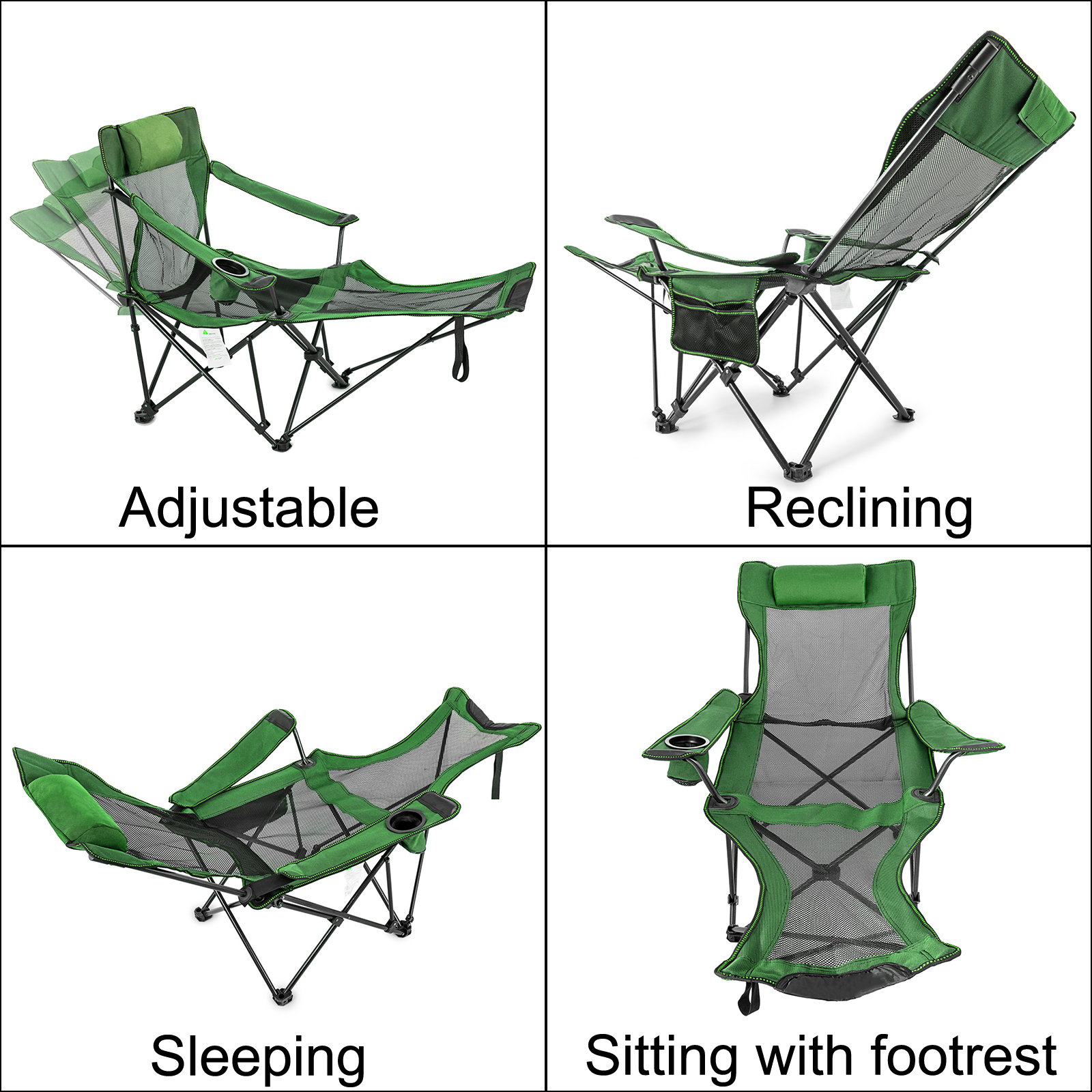 Green Reclining Folding Camp Chair with Footrest Mesh Lounge Chaise