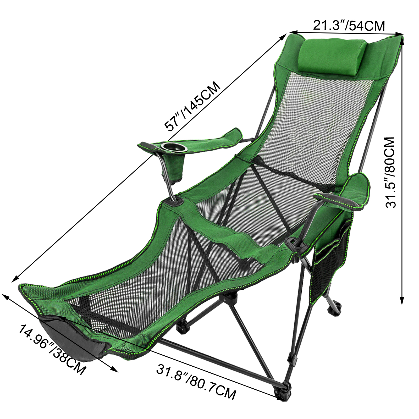 Green Reclining Folding Camp Chair with Footrest Mesh Lounge Chaise