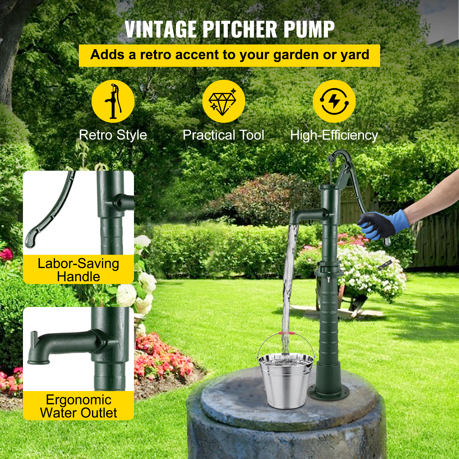 VEVOR Hand Water Pump w/Stand, 15.7 x 9.4 x 51.6 inch Pitcher Pump& 26