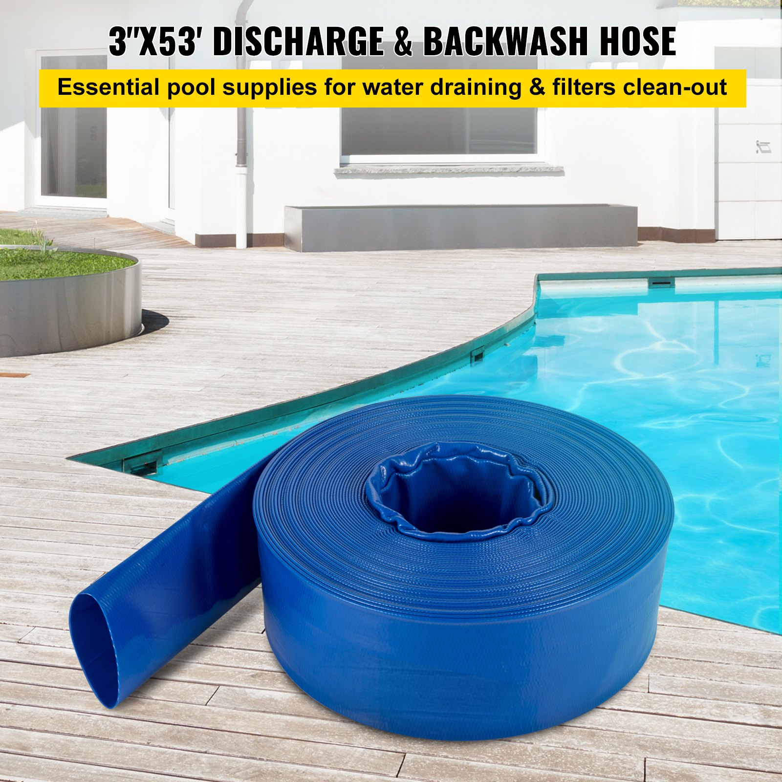 VEVOR Discharge Hose, 3" x 53', PVC Lay Flat Hose, Heavy Duty Backwash