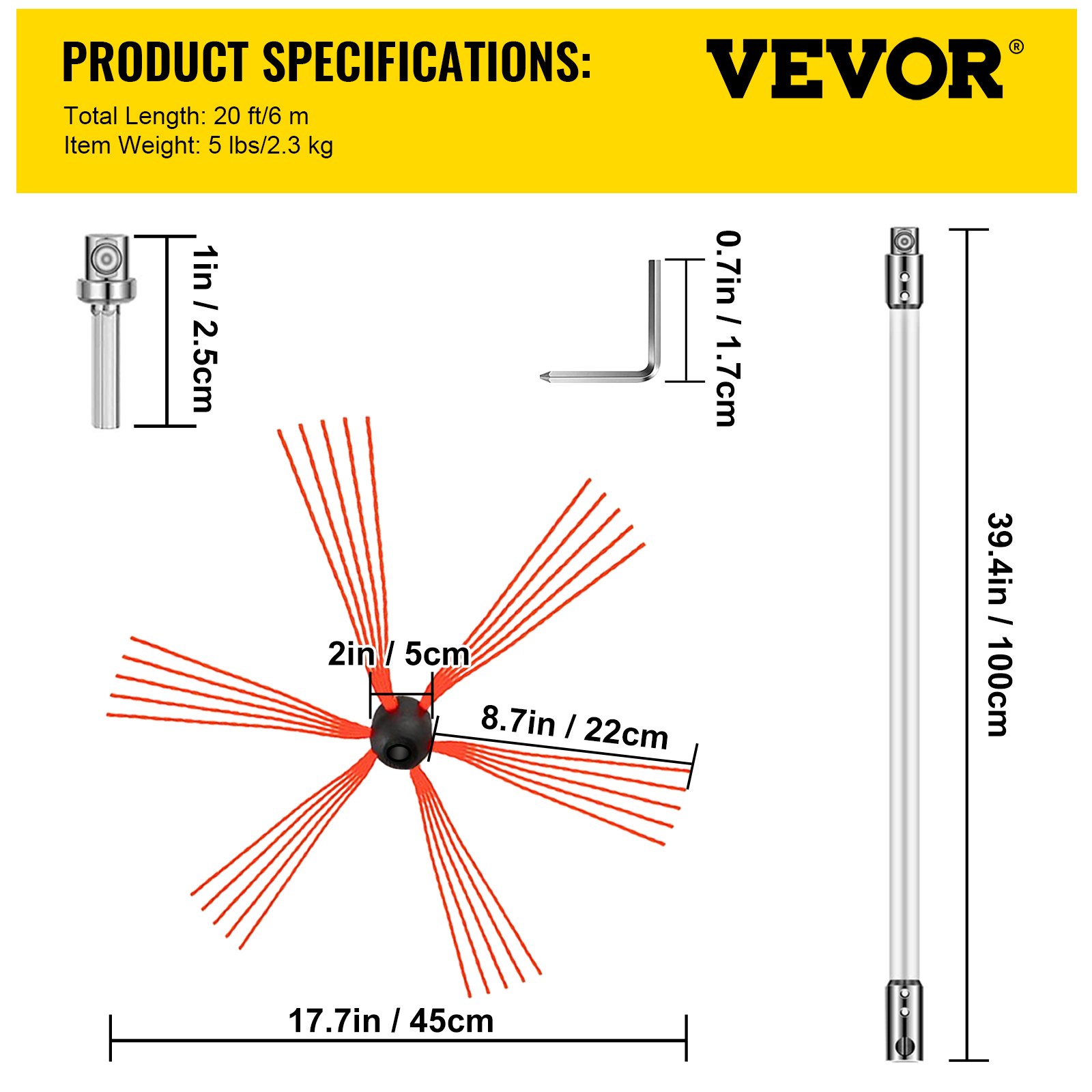 VEVOR Chimney Sweep Kit 20FT Length, Chimney Brush Kit with 6 Nylon