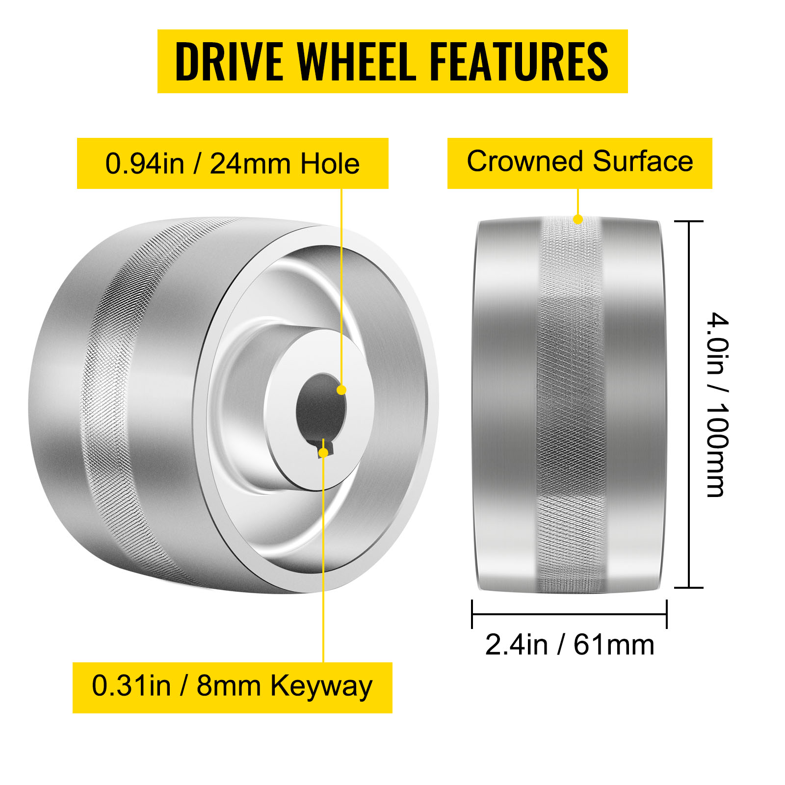 Vevor Belt Grinder Sander Wheel Set 4" Drive 0.94" Bore 3" Track 2