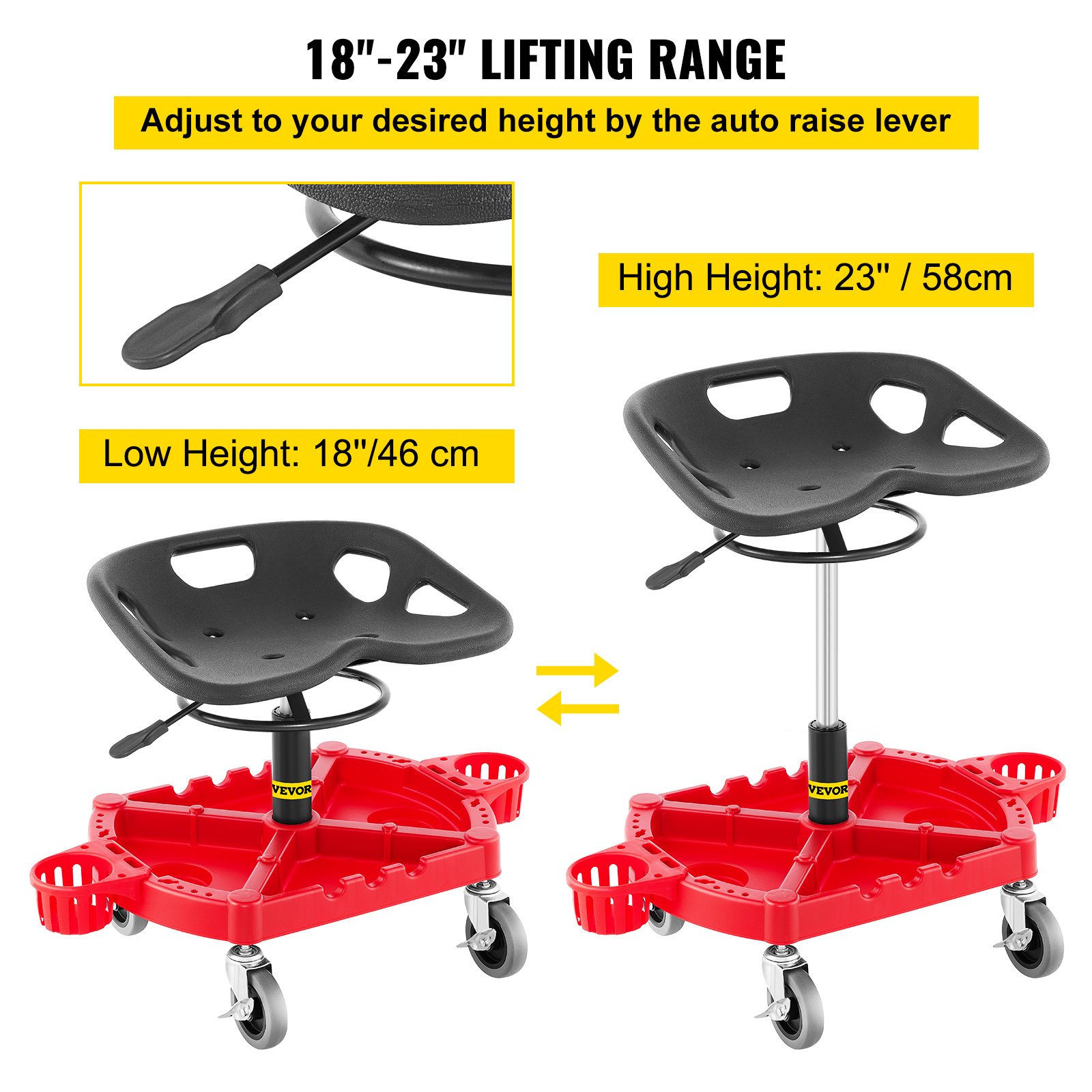 VEVOR Shop Stool Mechanics Rolling Seat 4" Wheels Adjustable Height