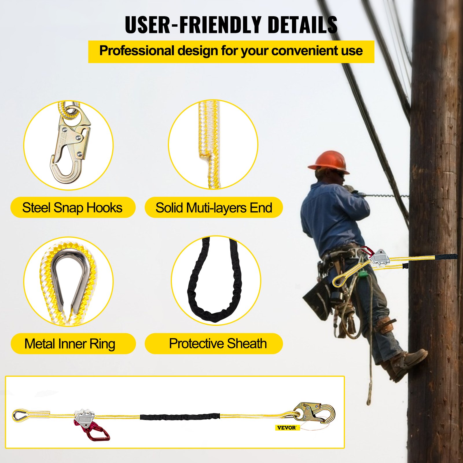 Vevor Positioning Lanyard 12 Inch X 10 Ft Positioning Rope Polyester Arborist Lanyard For 2303