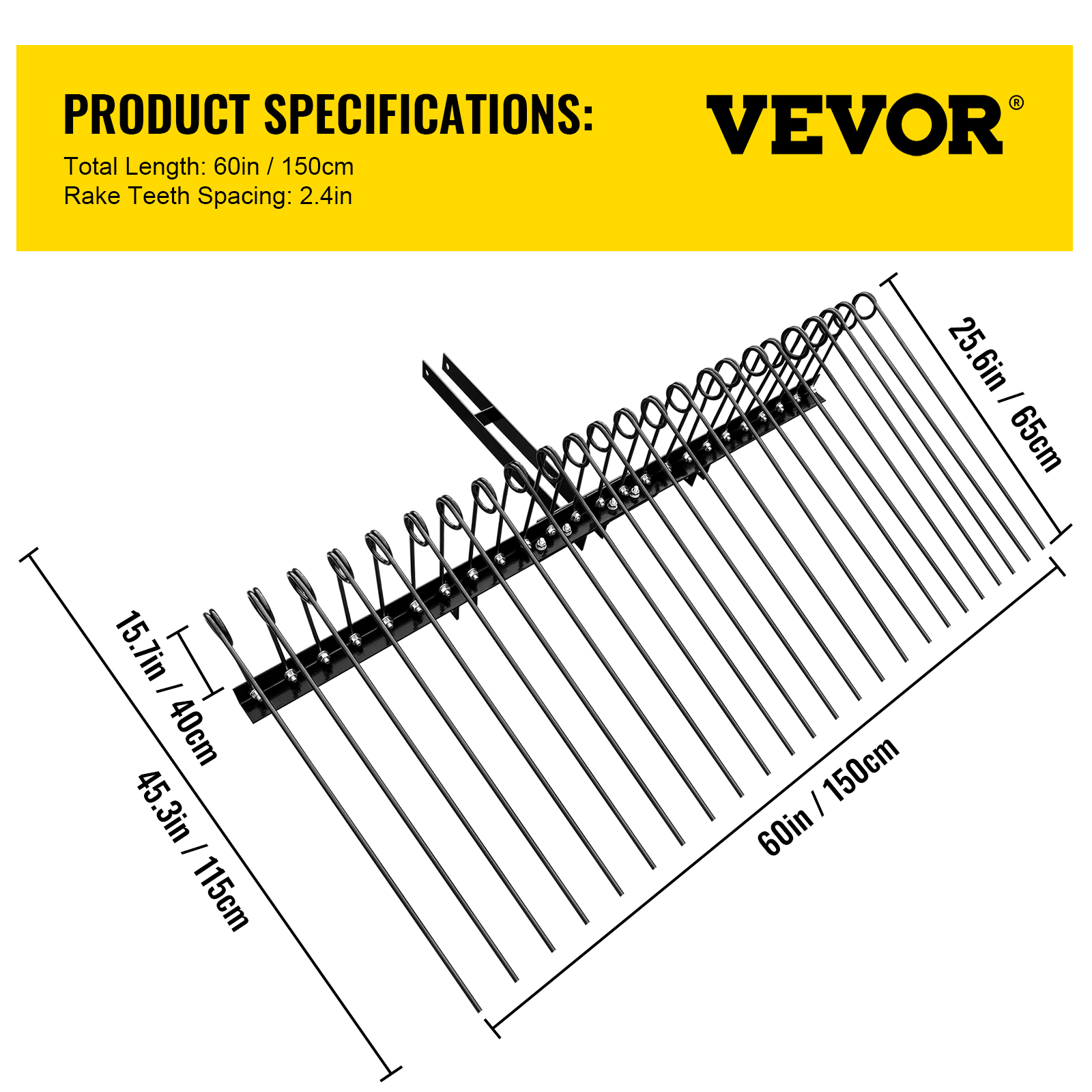 Vevor Pine Straw Rake Outdoor Landscape Rake 60" For Atv Utv Utility