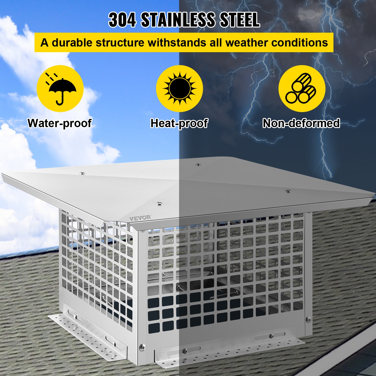 VEVOR Chimney Cap, 13" x 13" Flue Caps, 304 Stainless Steel Fireplace