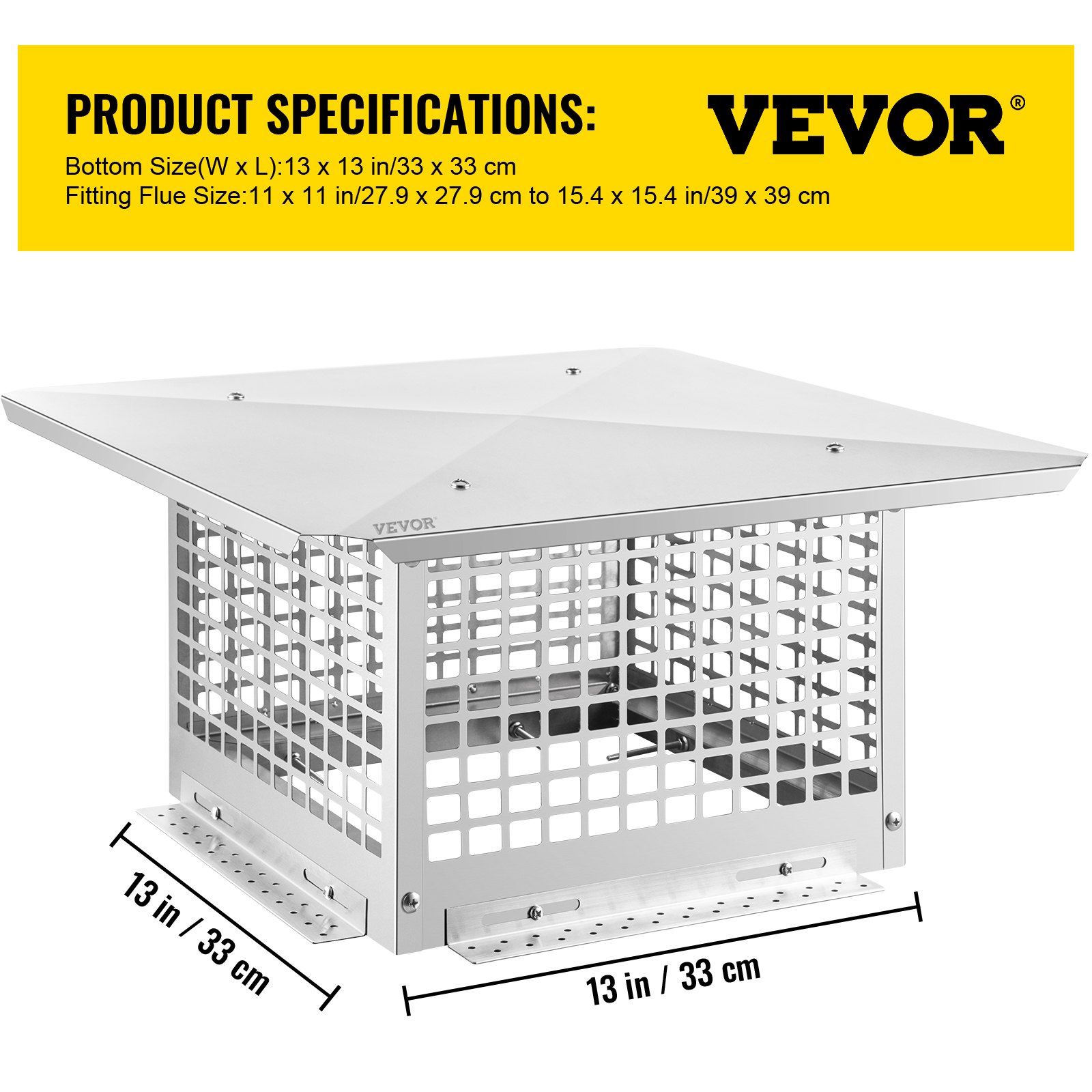 VEVOR Chimney Cap, 13" x 13" Flue Caps, 304 Stainless Steel Fireplace