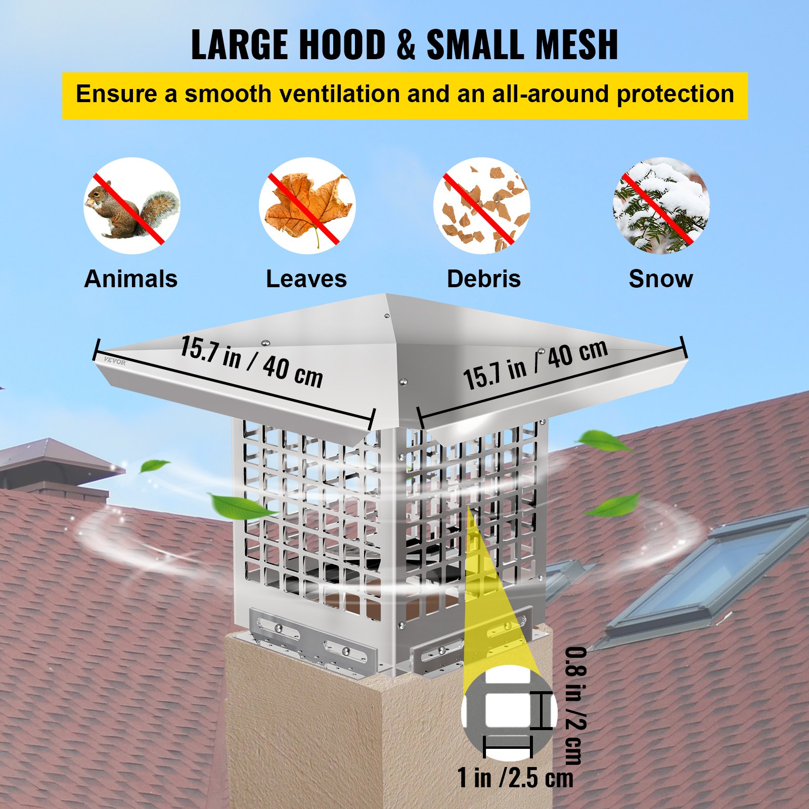 VEVOR Chimney Cap, 8" x 8" Flue Caps, 304 Stainless Steel Fireplace