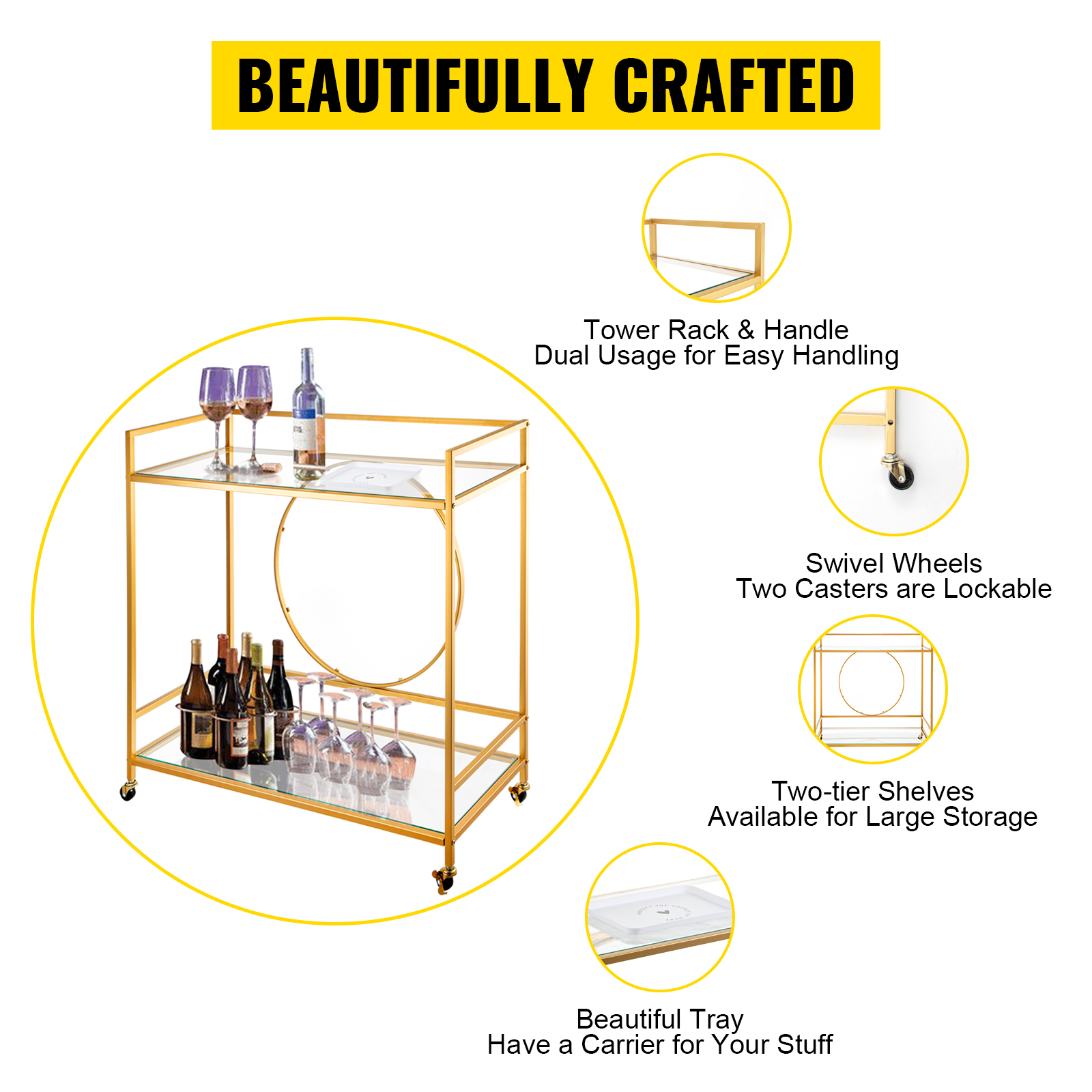 VEVOR Bar Cart, Two Tier Serving Cart, Gold Finish Wine Cart, Rolling