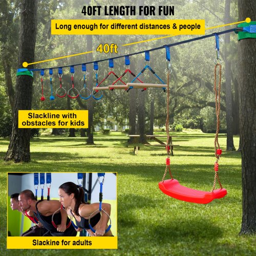 VEVOR 40' Ninja Warrior Obstacle Course for Kids, Ninjia Slackline with