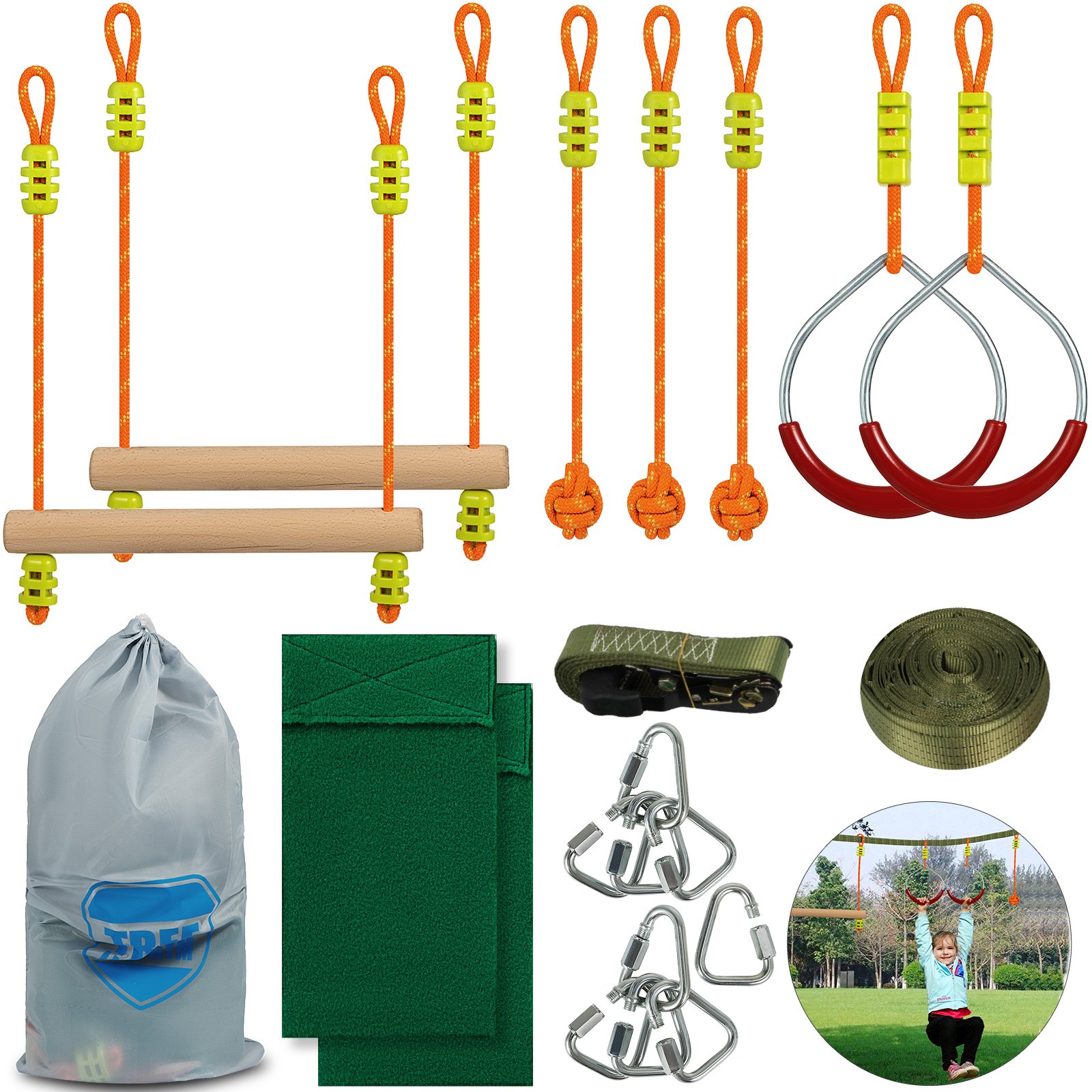 VEVOR Ninja Warrior Obstacle Course for Kids, 45FT Ninja Line Slackline with Gym Rings, Monkey