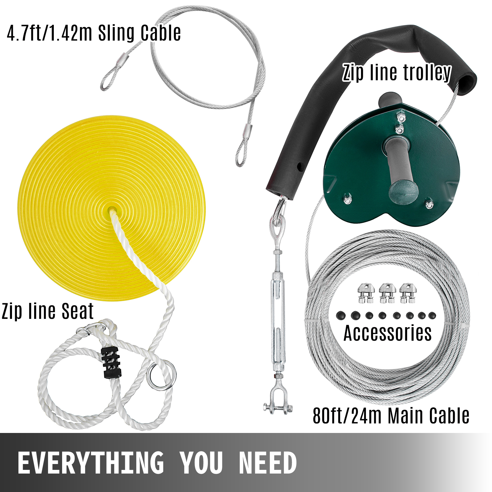 Seated Zipline Kit 80 feet Outdoor Fun Toys VEVOR US