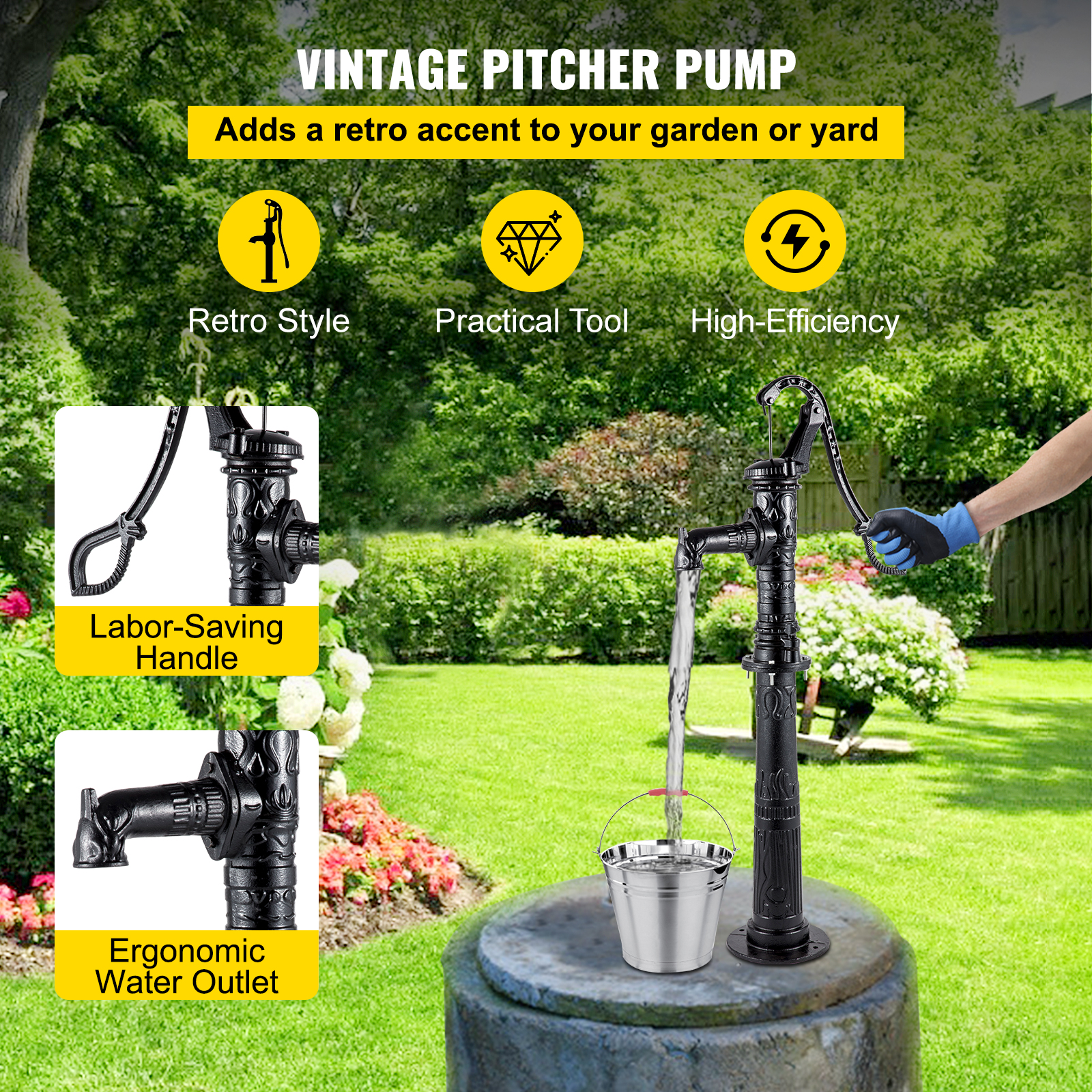 VEVOR Hand Water Pump w/Stand, 15.7 x 9.4 x 53.1 inch Pitcher Pump & 26