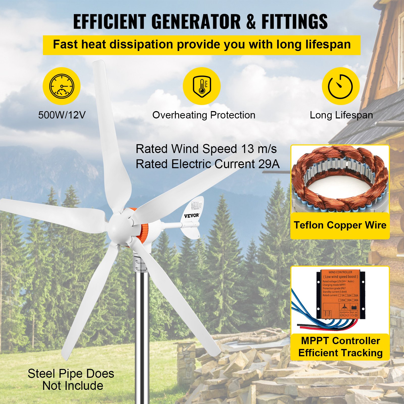 Vevor Wind Turbine Generator 12vac Wind Turbine Kit 500w Wind Power Generator With Mppt 0155