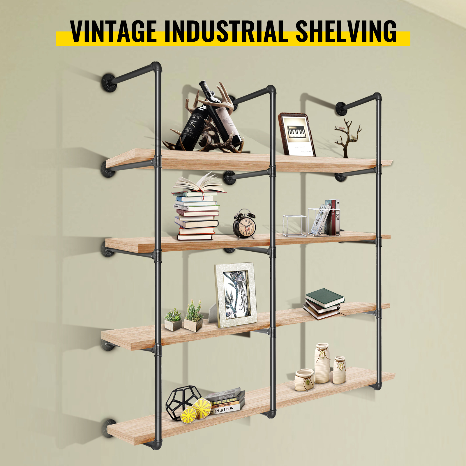 VEVOR Industrial Pipe Shelves 4Tier Wall Mount Iron Pipe Shelves 3 PCS