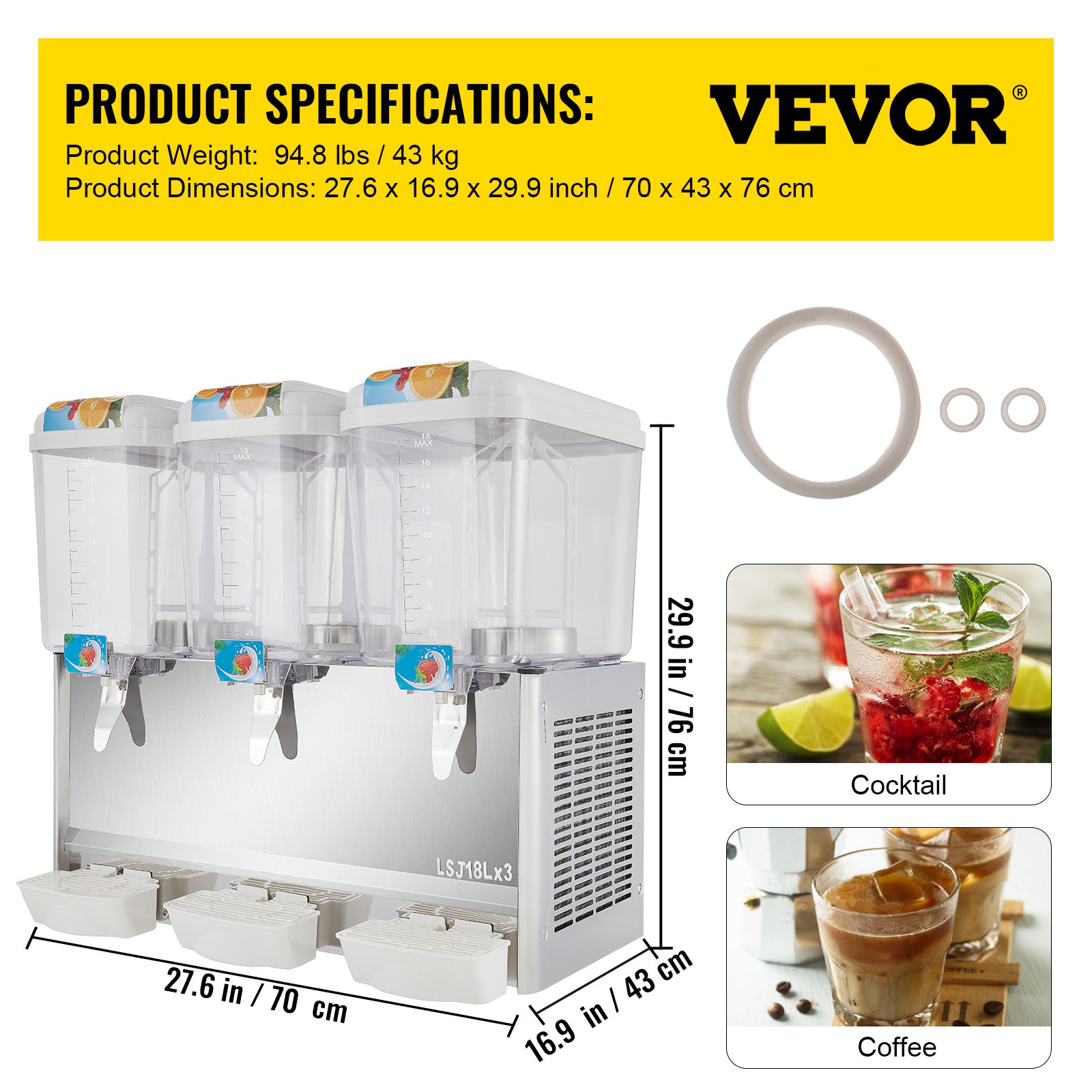 Vevor 110v Commercial Beverage Dispenser1425 Gallon 54l 3 Tanks Juice Dispenser Commercial18 4229