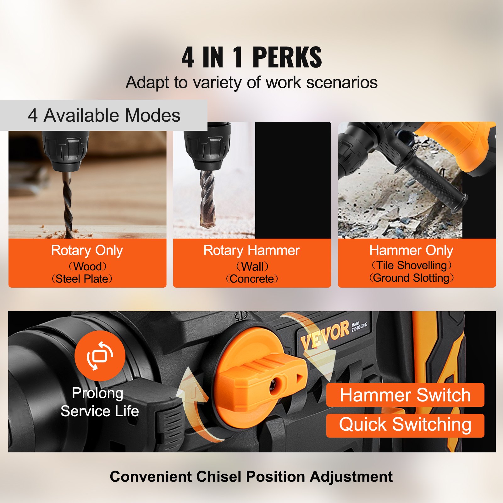 VEVOR Rotary Hammer Drill Corded Drills 11/4" 4 Modes SDSPlus