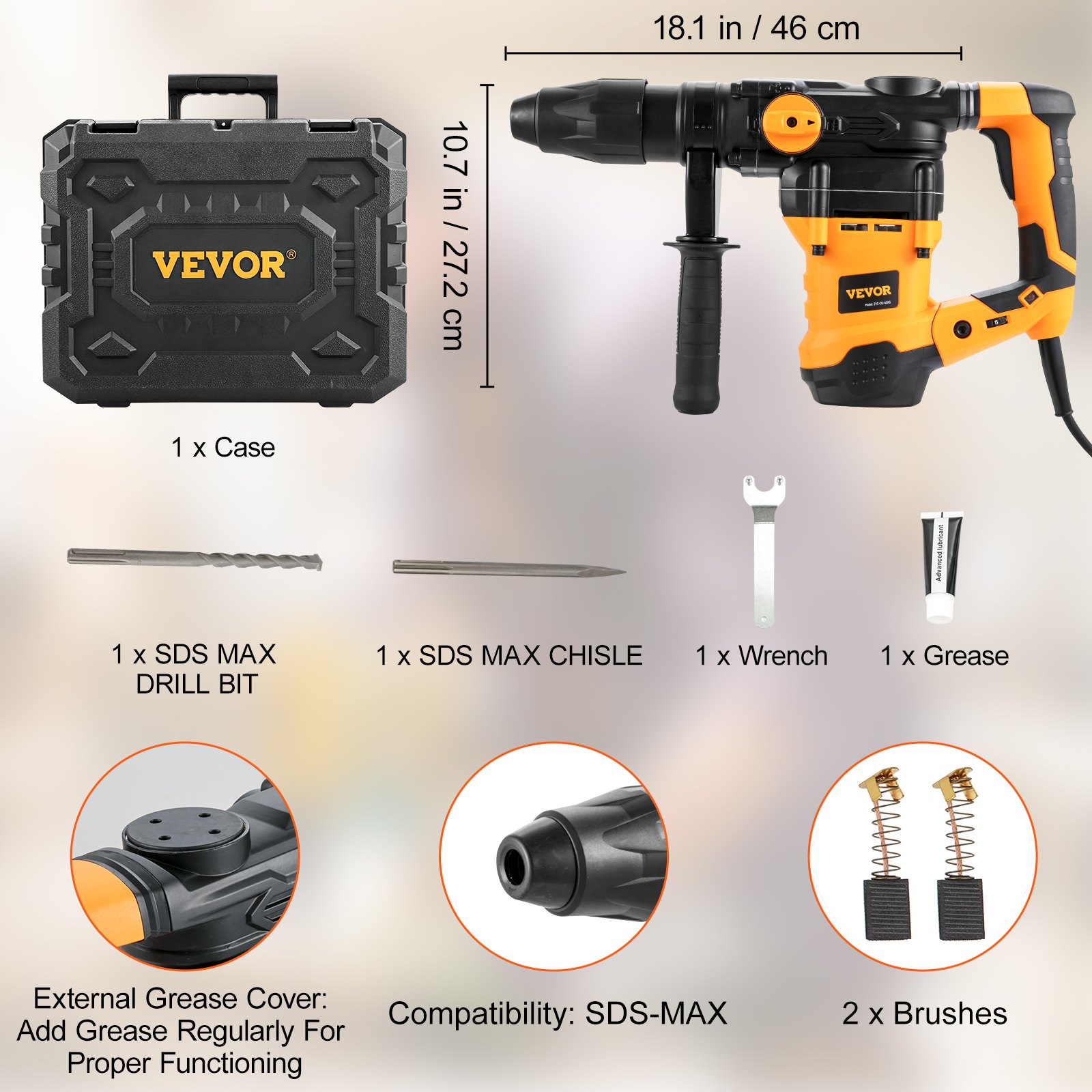 VEVOR Rotary Hammer Drill Corded Drills 1-9/16" 3 Modes SDS-MAX ...