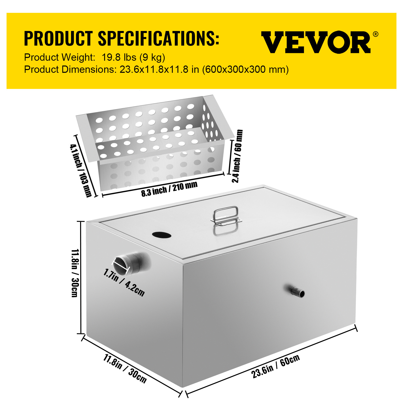 VEVOR Commercial Grease Interceptor, 13GPM Commercial Grease Trap, 25LB