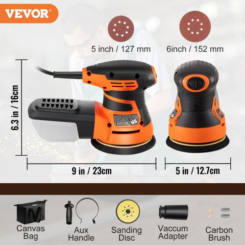 VEVOR Random Orbit Sander, 3A 350W Orbital Sander, 6 Speeds 13000 OPM 5