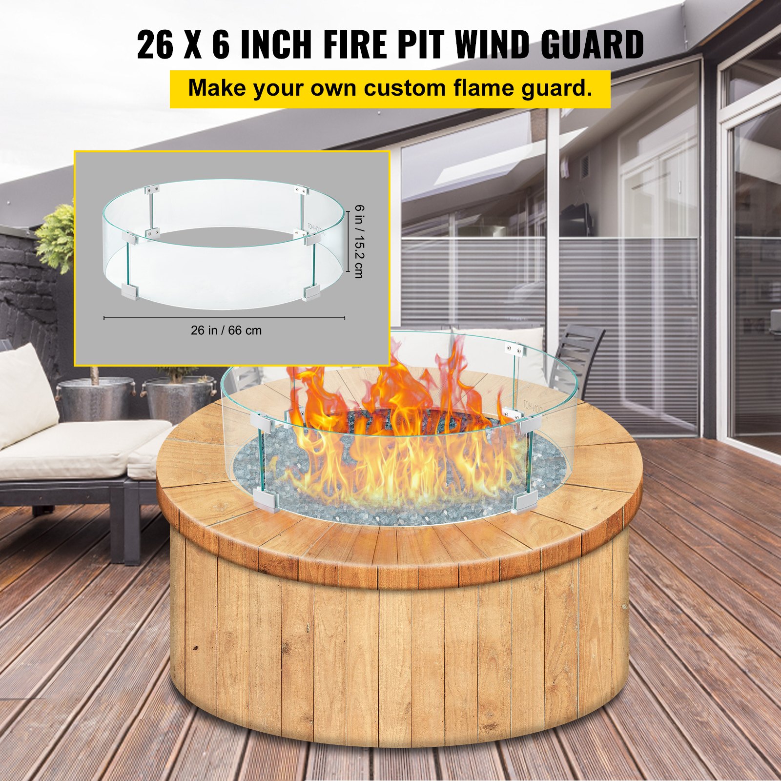 VEVOR Fire Pit Wind Guard, 26 x 26 x 6 Inch Glass Flame Guard, Round