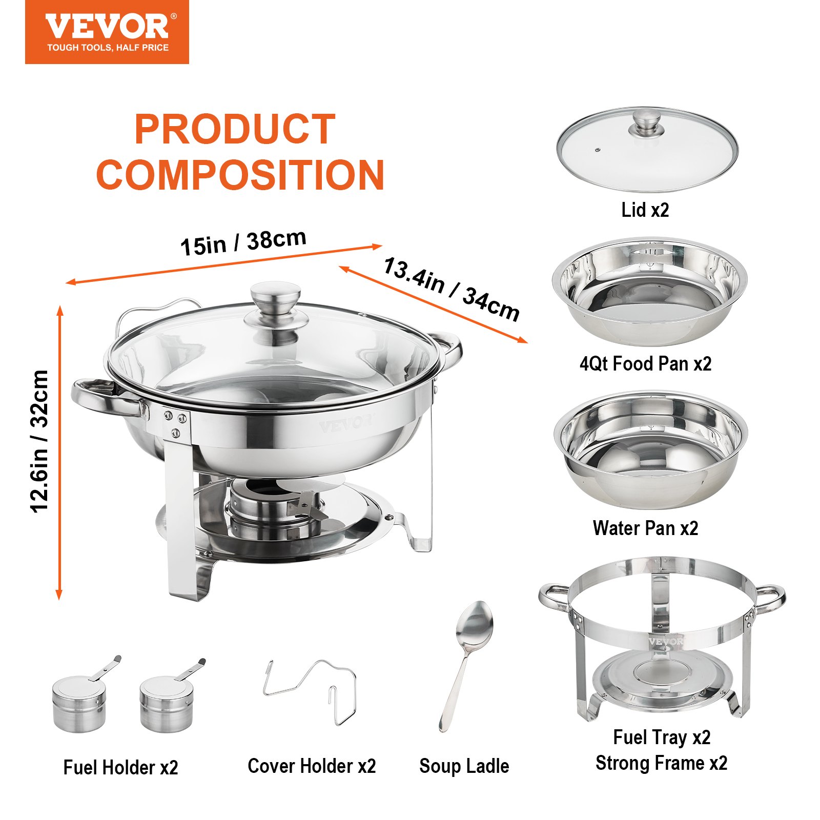 Vevor 2 Pack Round Chafing Dish Set With Full Size 4qt Pan Glass Lid Fuel Holder Vevor Ca