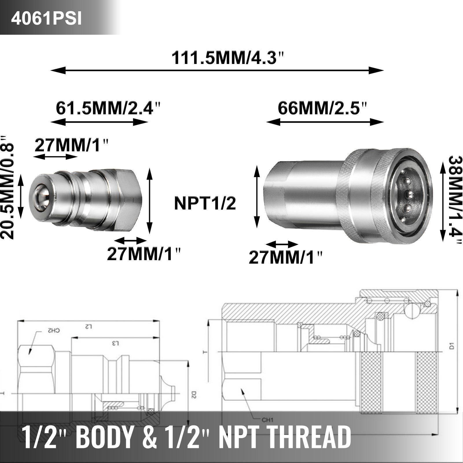 2 Set Of 1/2" Npt Hydraulic Coupler/coupling Ball Pioneer Style Iso