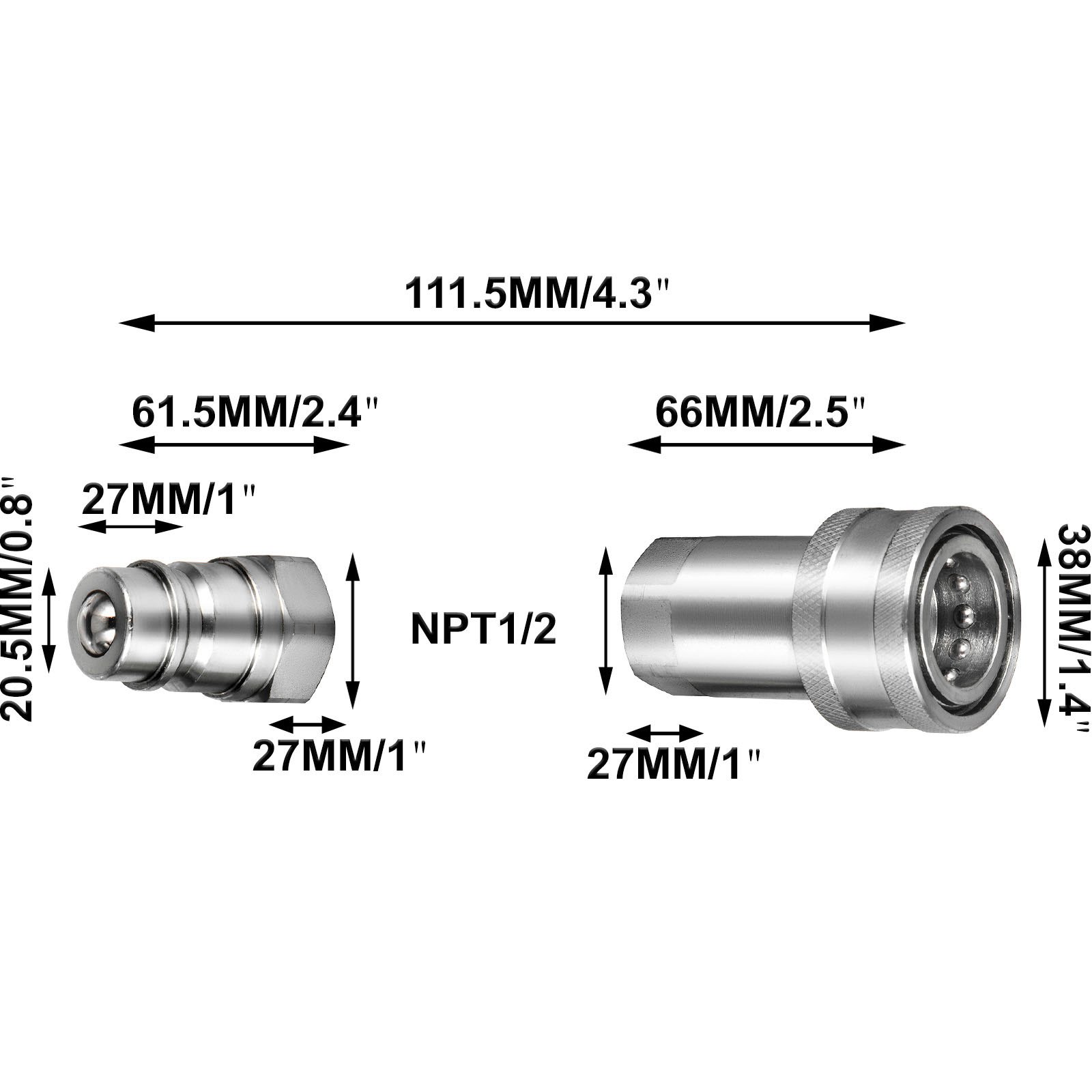 2 Set Of 1/2" Npt Hydraulic Coupler/coupling Ball Pioneer Style Iso