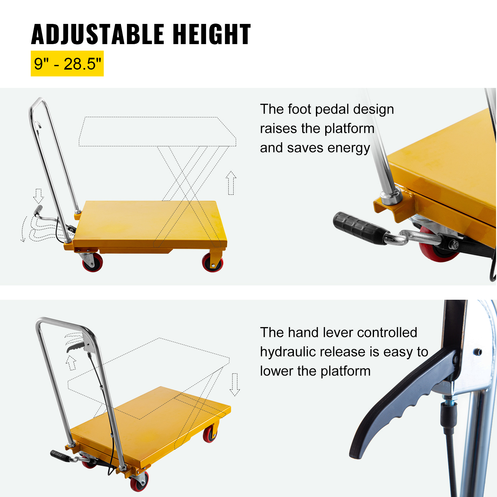 VEVOR Hydraulic Lift Table Cart, 600lbs Capacity Hydraulic Scissor Cart