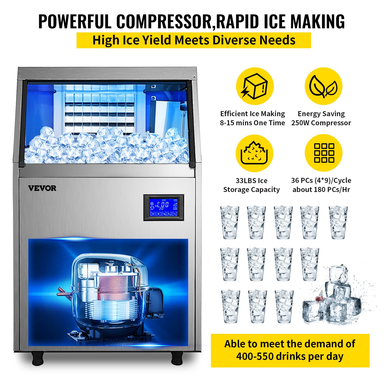 VEVOR Commercial Ice Maker, 110 LBS/24H Yield, Under Counter Stainless