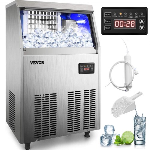 VEVOR 110V Commercial Ice Maker 120130LBS/24H with 33LBS Bin, Full Heavy Duty Stainless Steel
