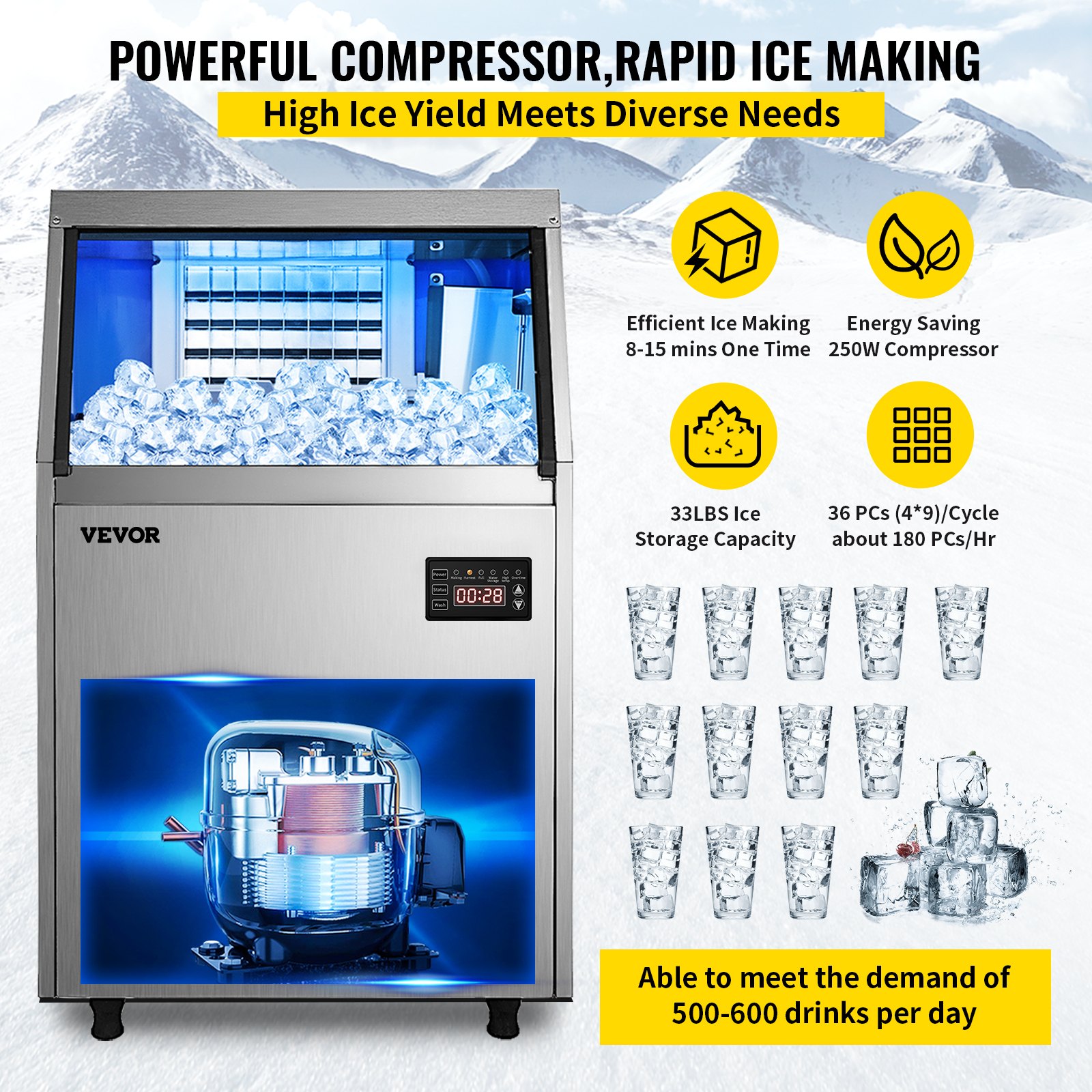 VEVOR 110V Commercial Ice Maker 90-100LBS/24H with 33LBS Bin, Full ...