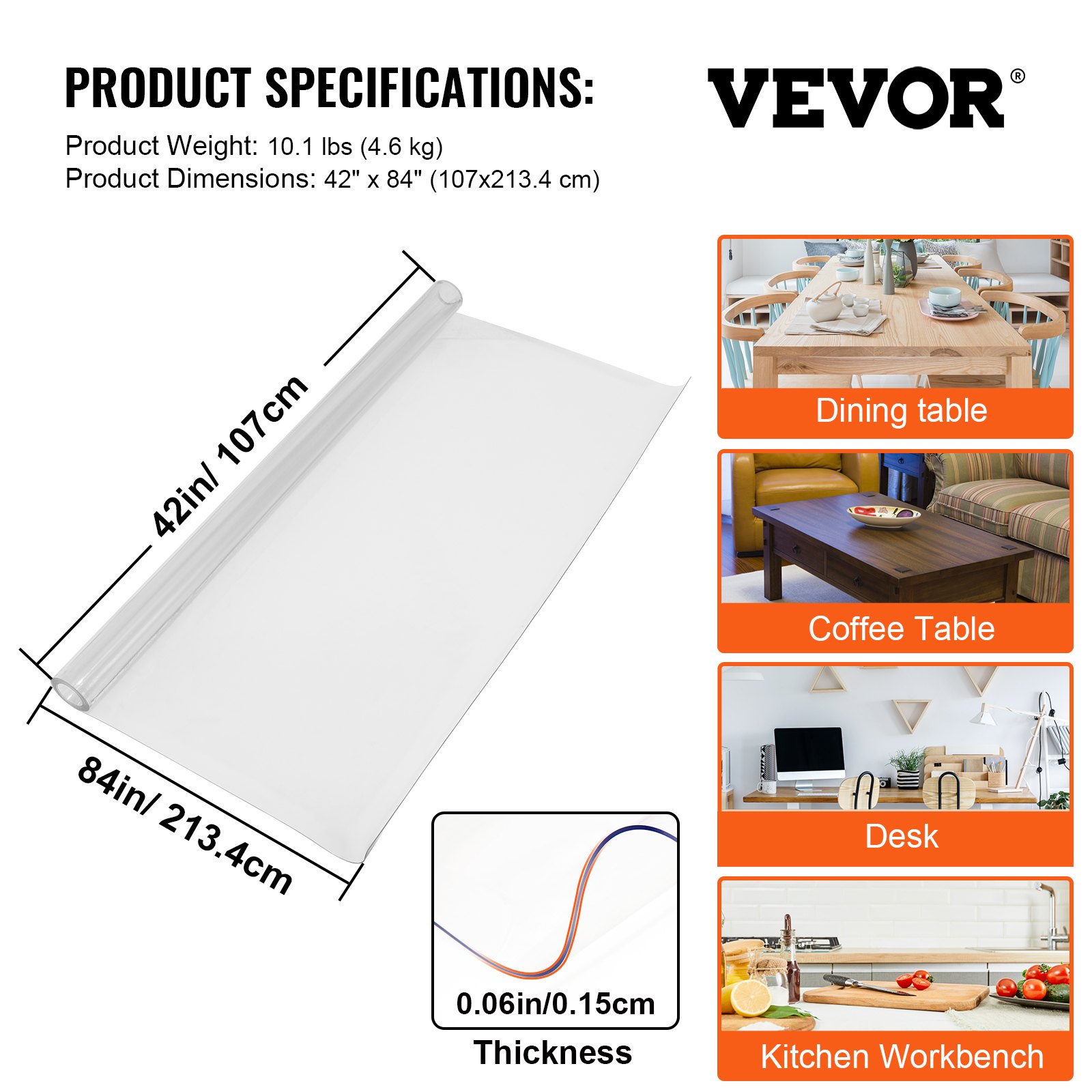 VEVOR VEVOR 90 x 44 Inch Crystal Clear Table Protector Clear PVC Table