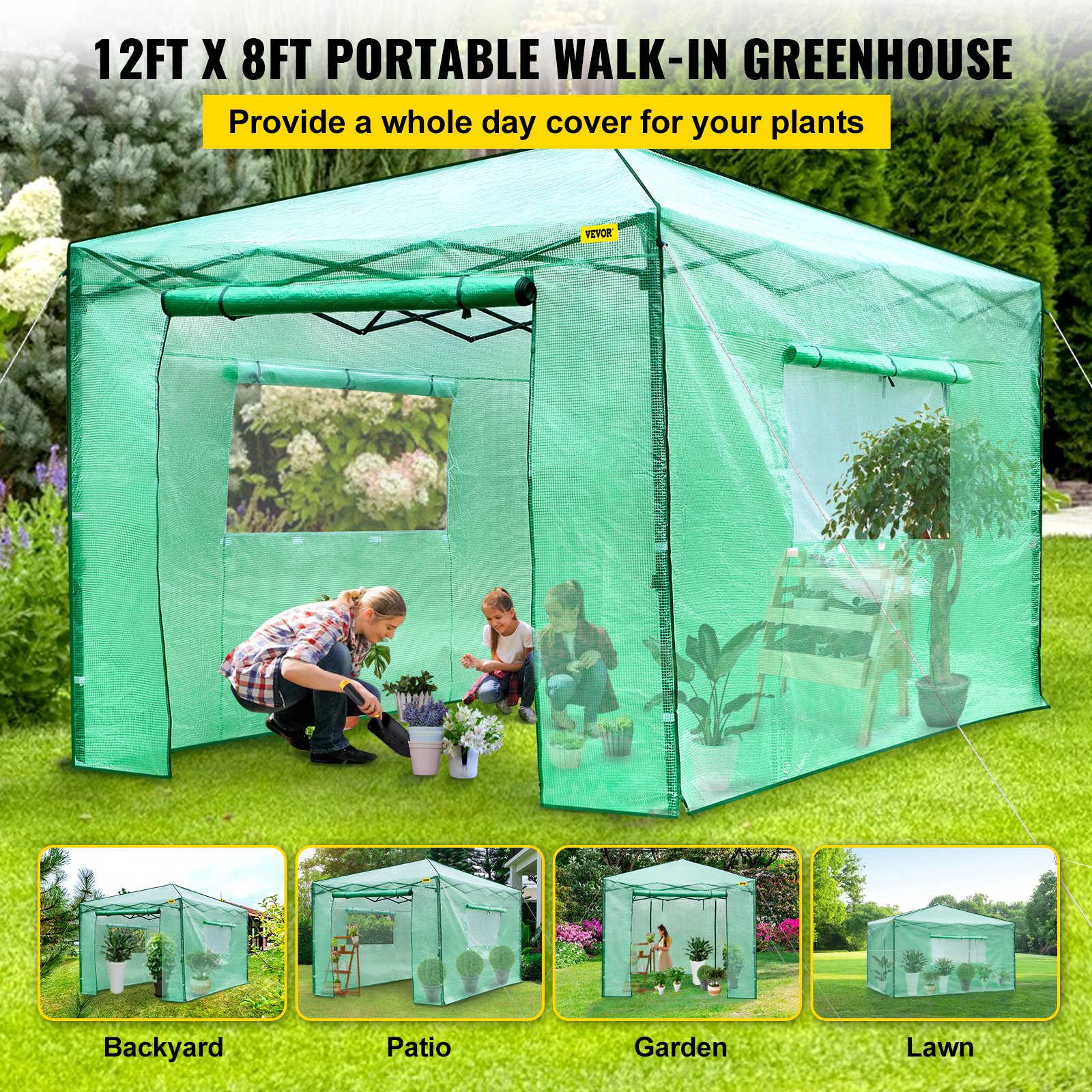 VEVOR 12'x 8'x 8' PopUp Greenhouse, Set Up in Minutes, Portable