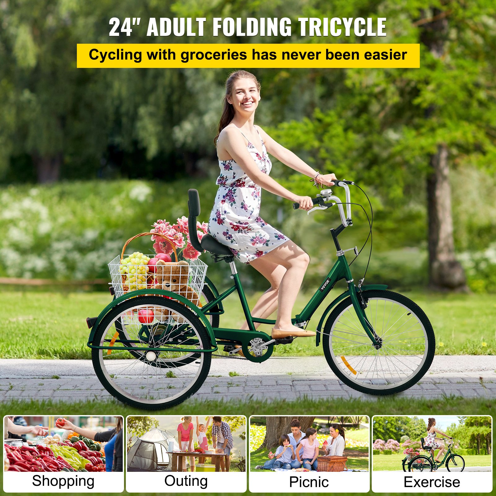 VEVOR Tricycle Adult 24’’ Wheels Adult Tricycle 1Speed 3 Wheel Bikes