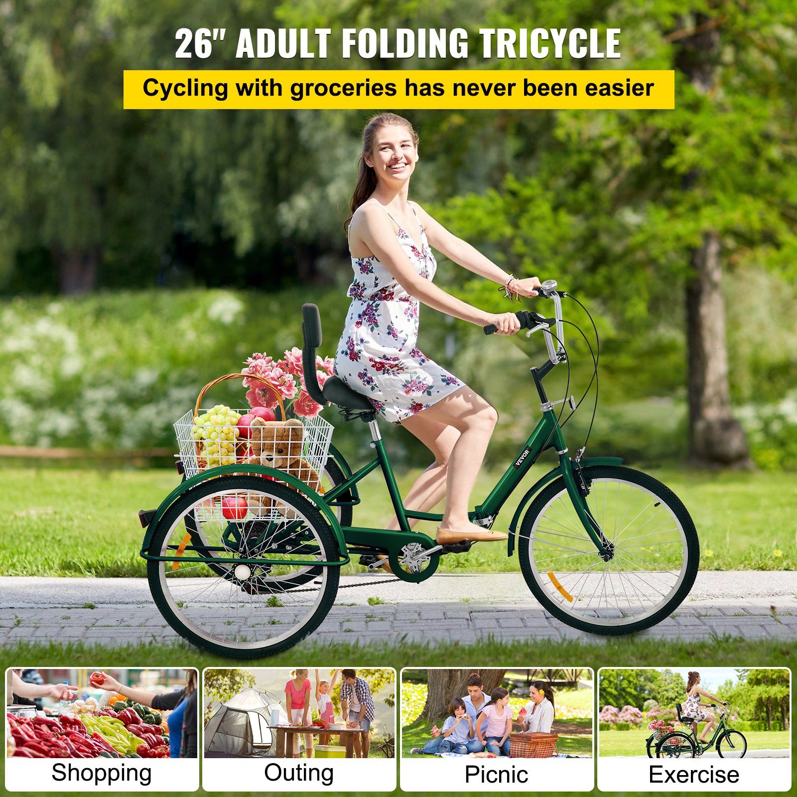 VEVOR Tricycle Adult 26’’ Wheels Adult Tricycle 7Speed 3 Wheel Bikes For Adults Three Wheel