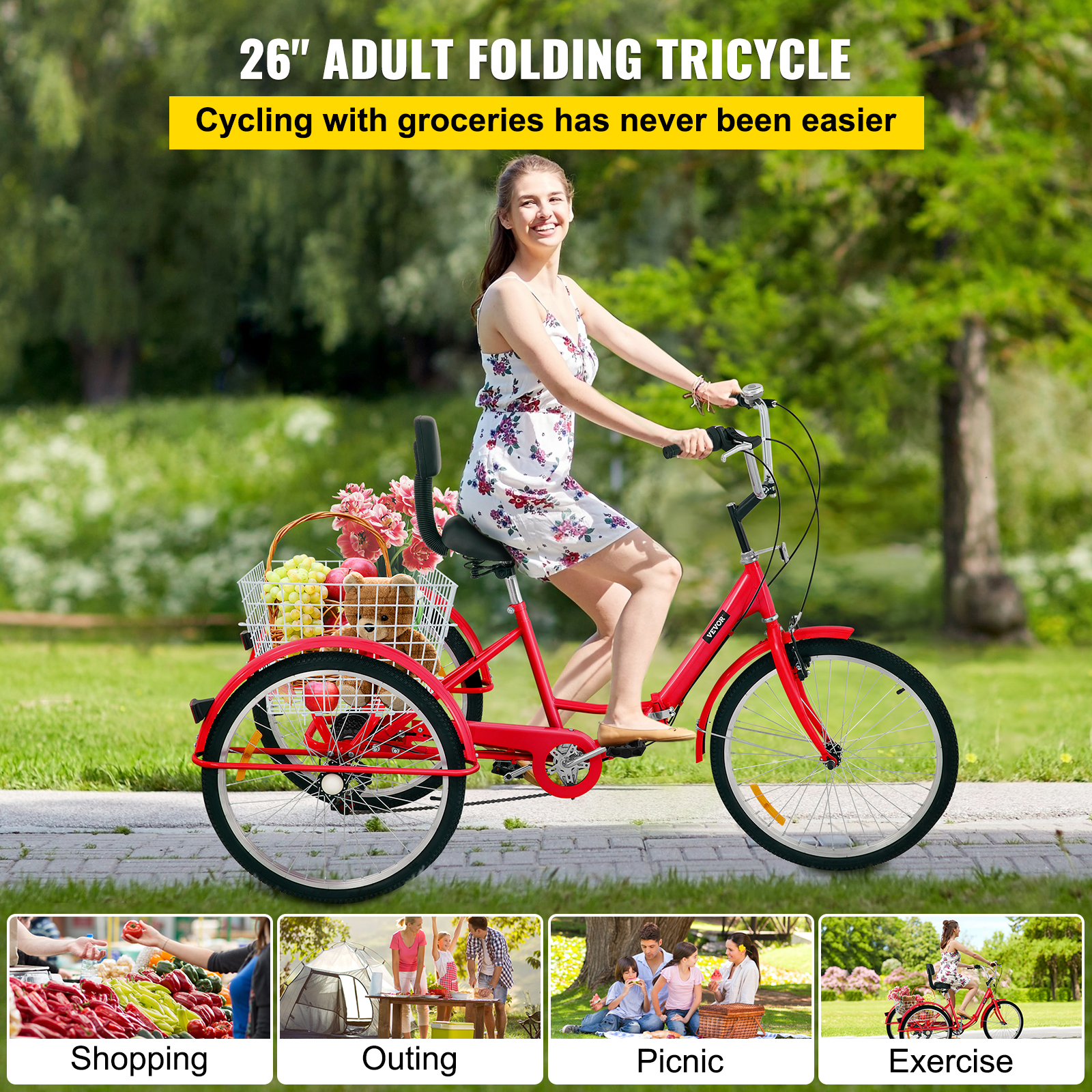 Foldable Tricycle Adult 26'' Wheels Adult Tricycle 7Speed 3 Wheel Bikes For Adults VEVOR US