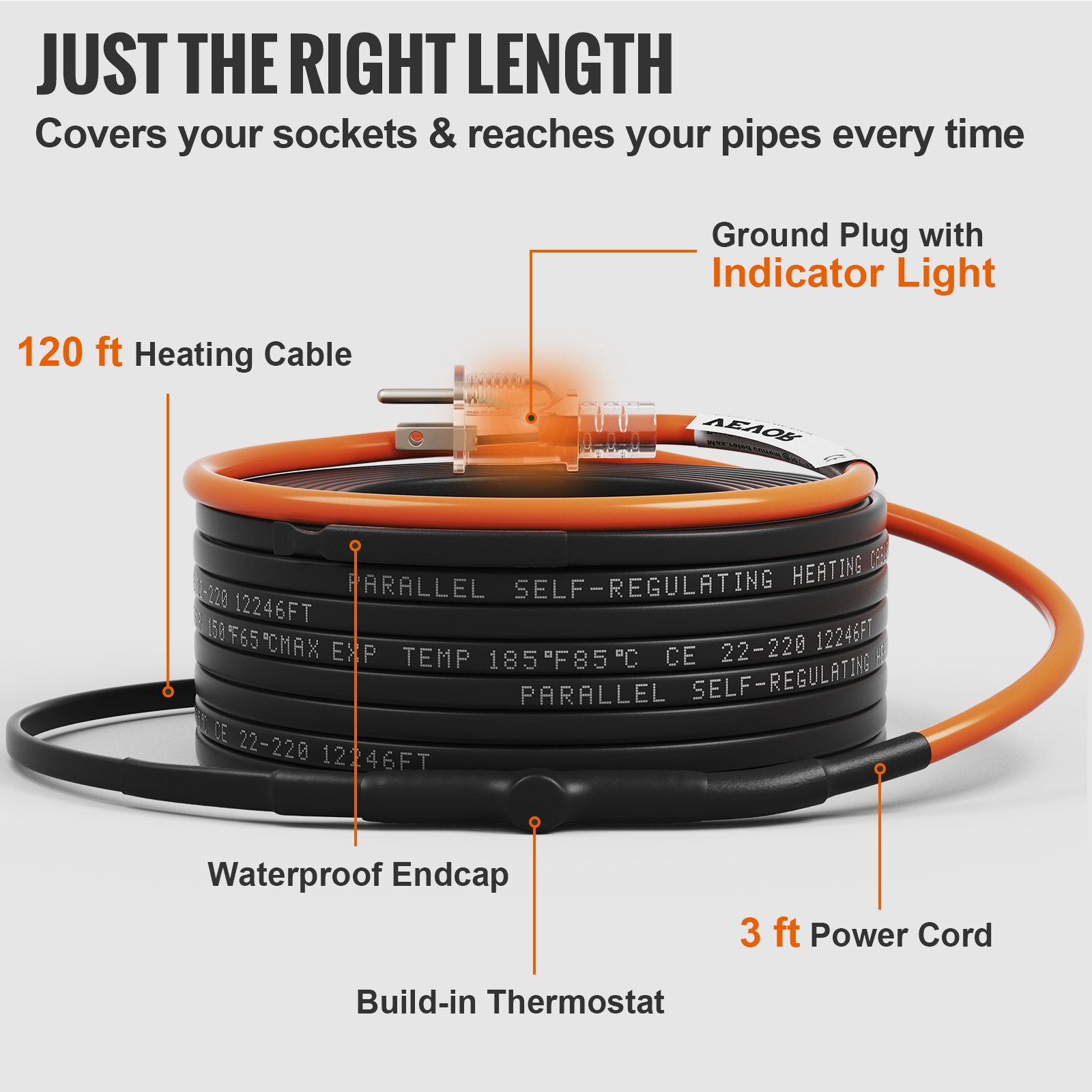 VEVOR SelfRegulating Pipe Heating Cable, 120feet 5W/ft Heat Tape for